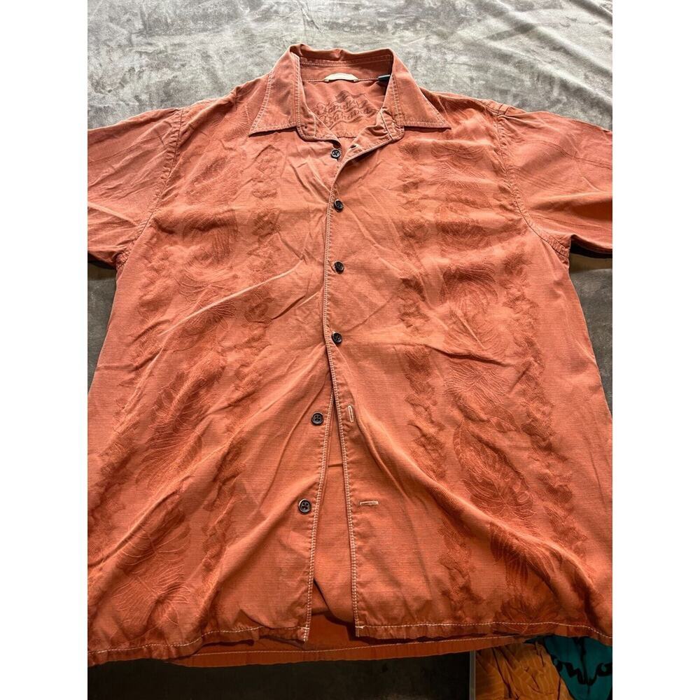 Tommy Bahama Orange Hawaiian Floral Shirt Short Sleeve Button Down Mens L Silk